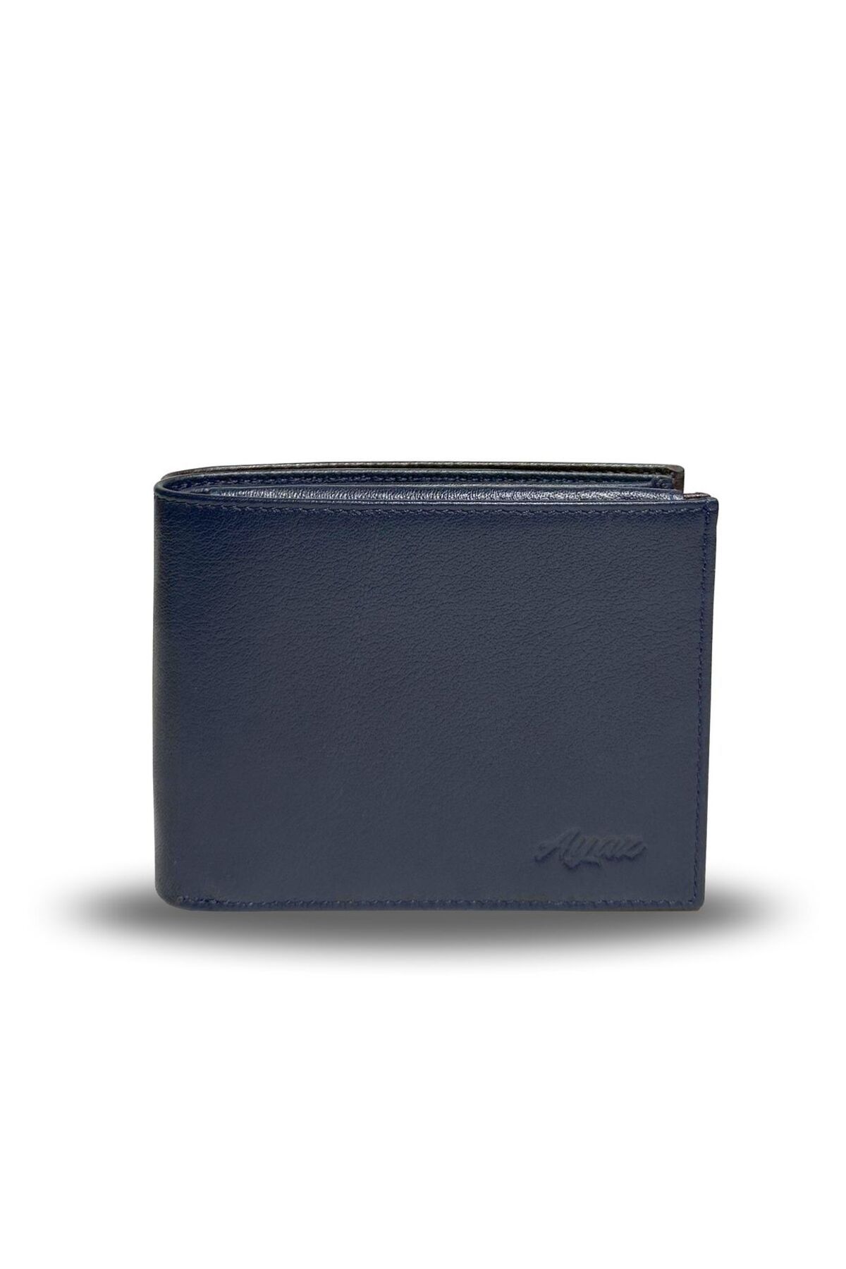 Üstten Pisotlu Hakiki El Yapımı Deri Cüzdan - Lacivert