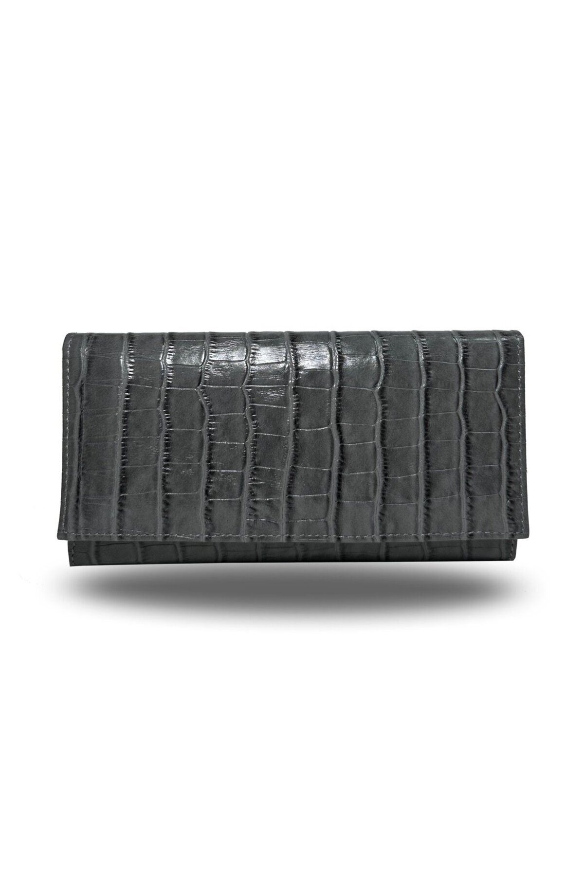 Hera Hakiki Deri Lüx Fermuarlı Kadın Cüzdan - Kroko Gri
